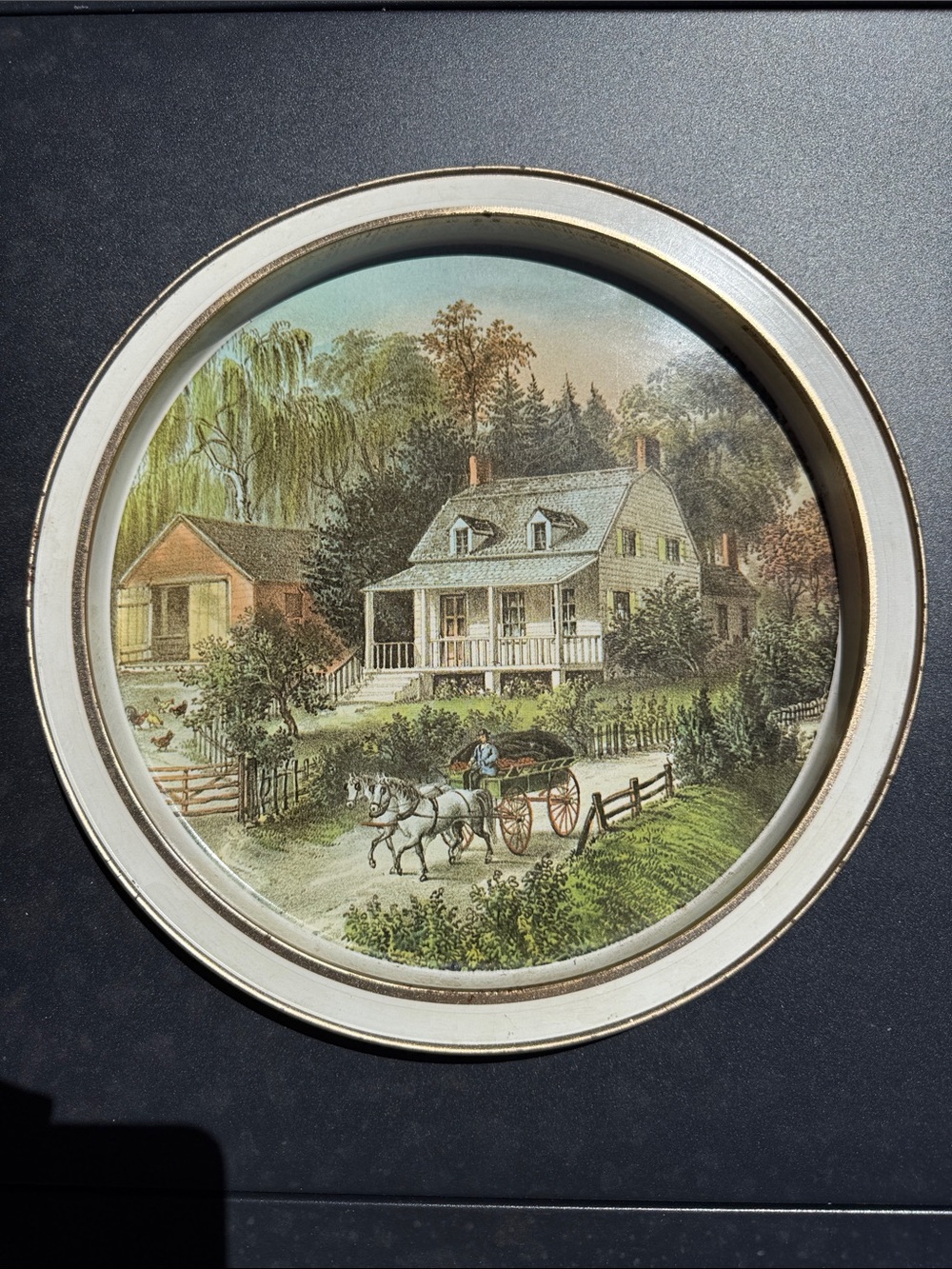 Vintage Currier & Ives 1868 The American Homestead Summer Tin Tray Decor Round